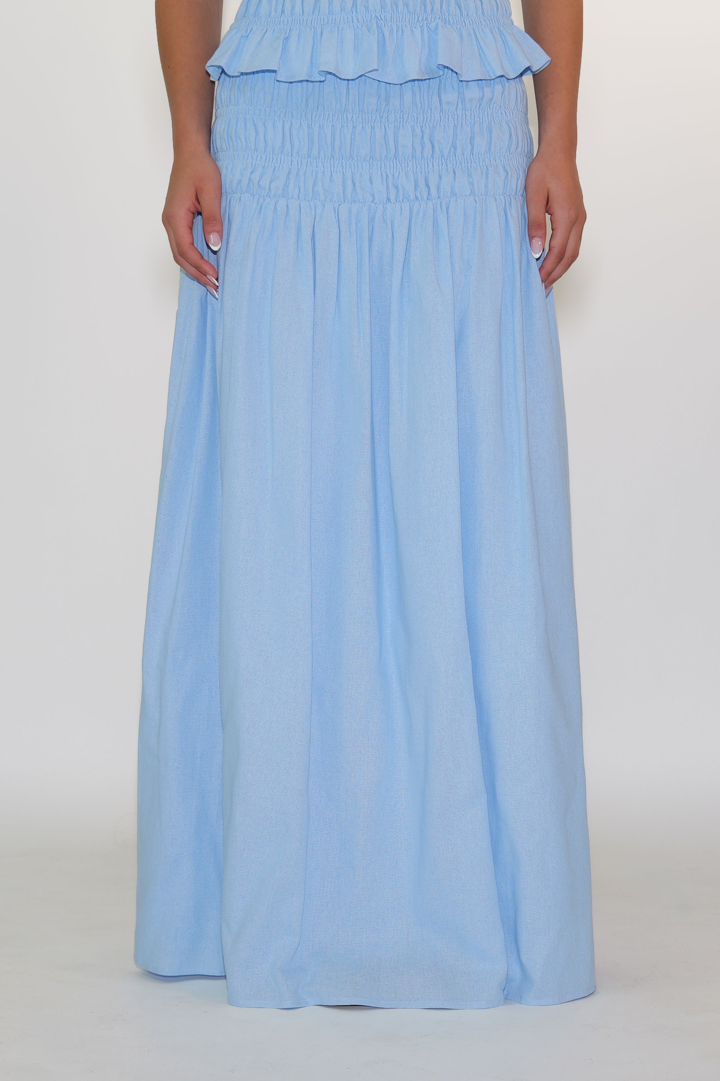 Sky Blue Shirred Maxi Skirt