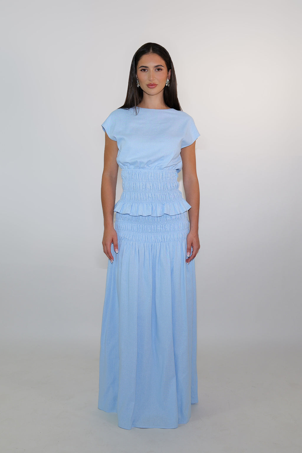 Sky Blue Short Sleeve Shirred Shirt