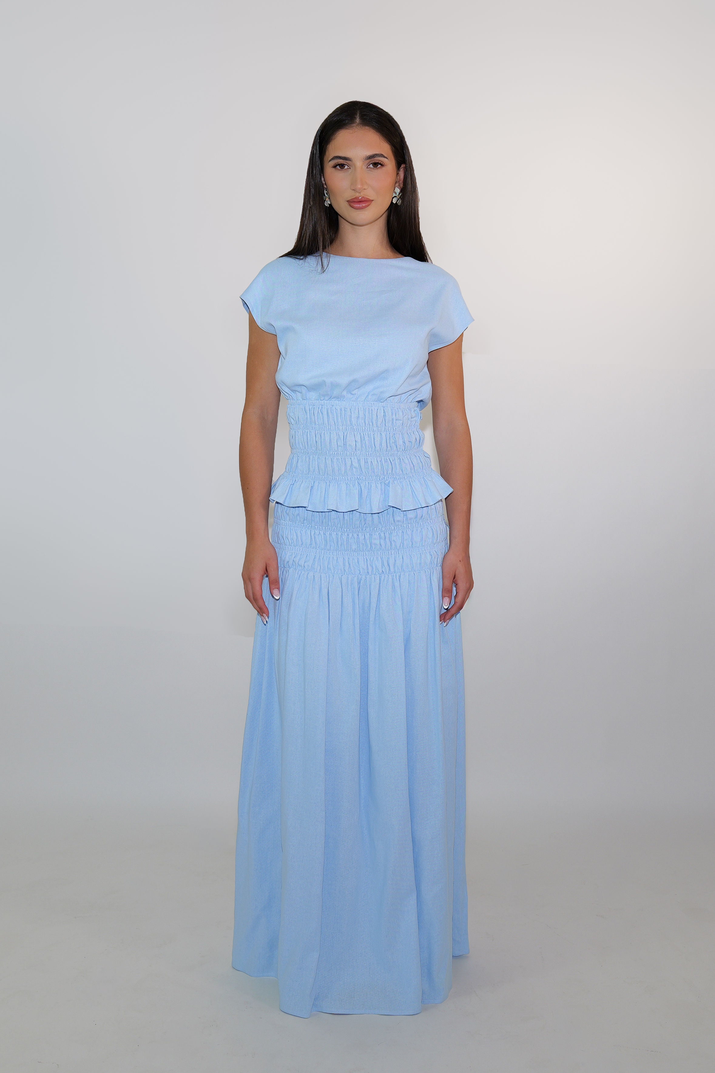 Sky Blue Shirred Maxi Skirt