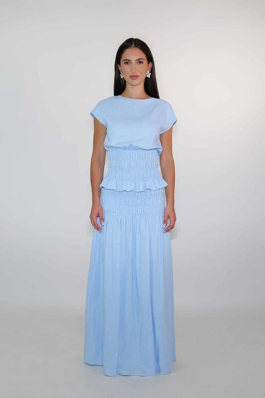 Sky Blue Short Sleeve Shirred Shirt