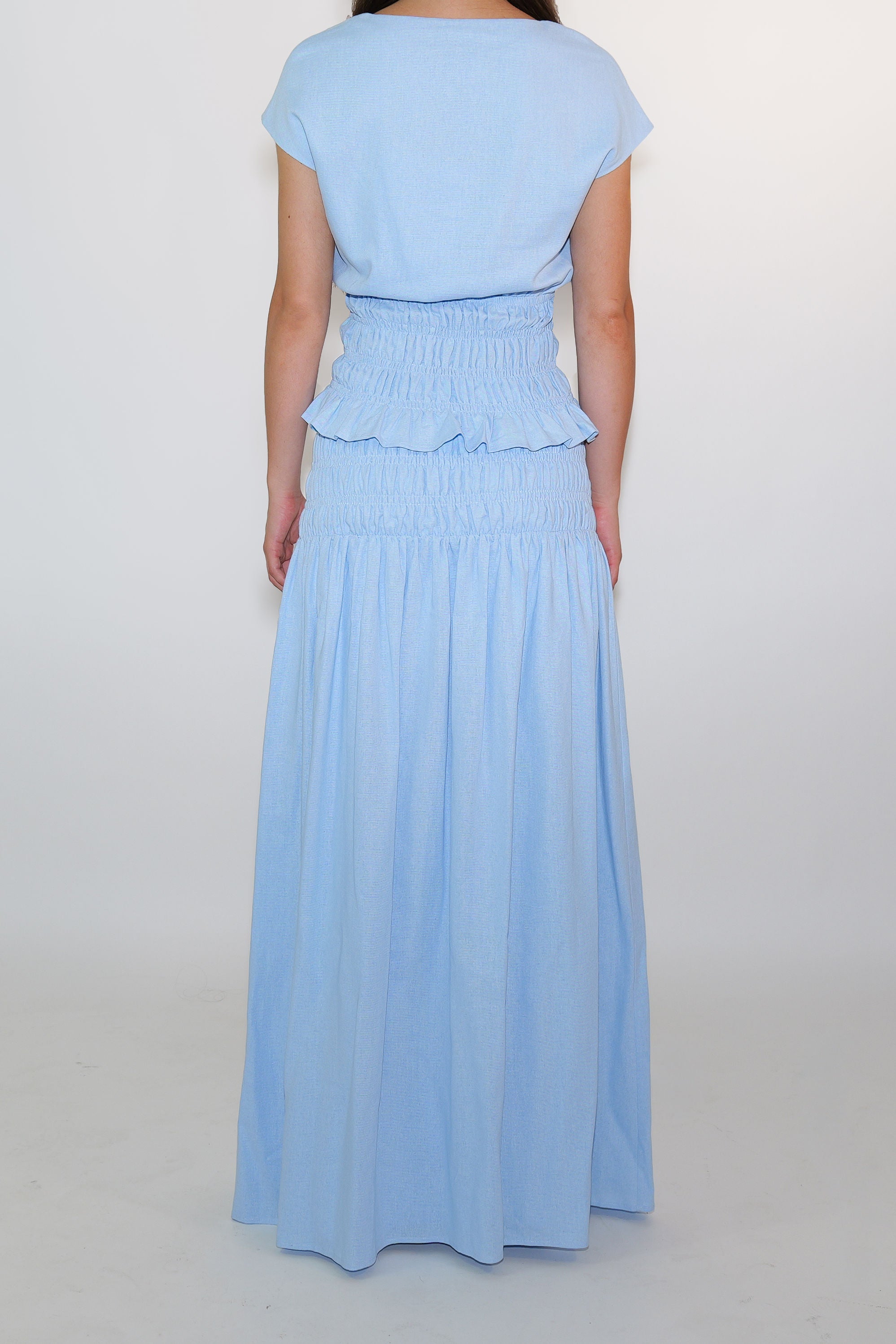 Sky Blue Shirred Maxi Skirt