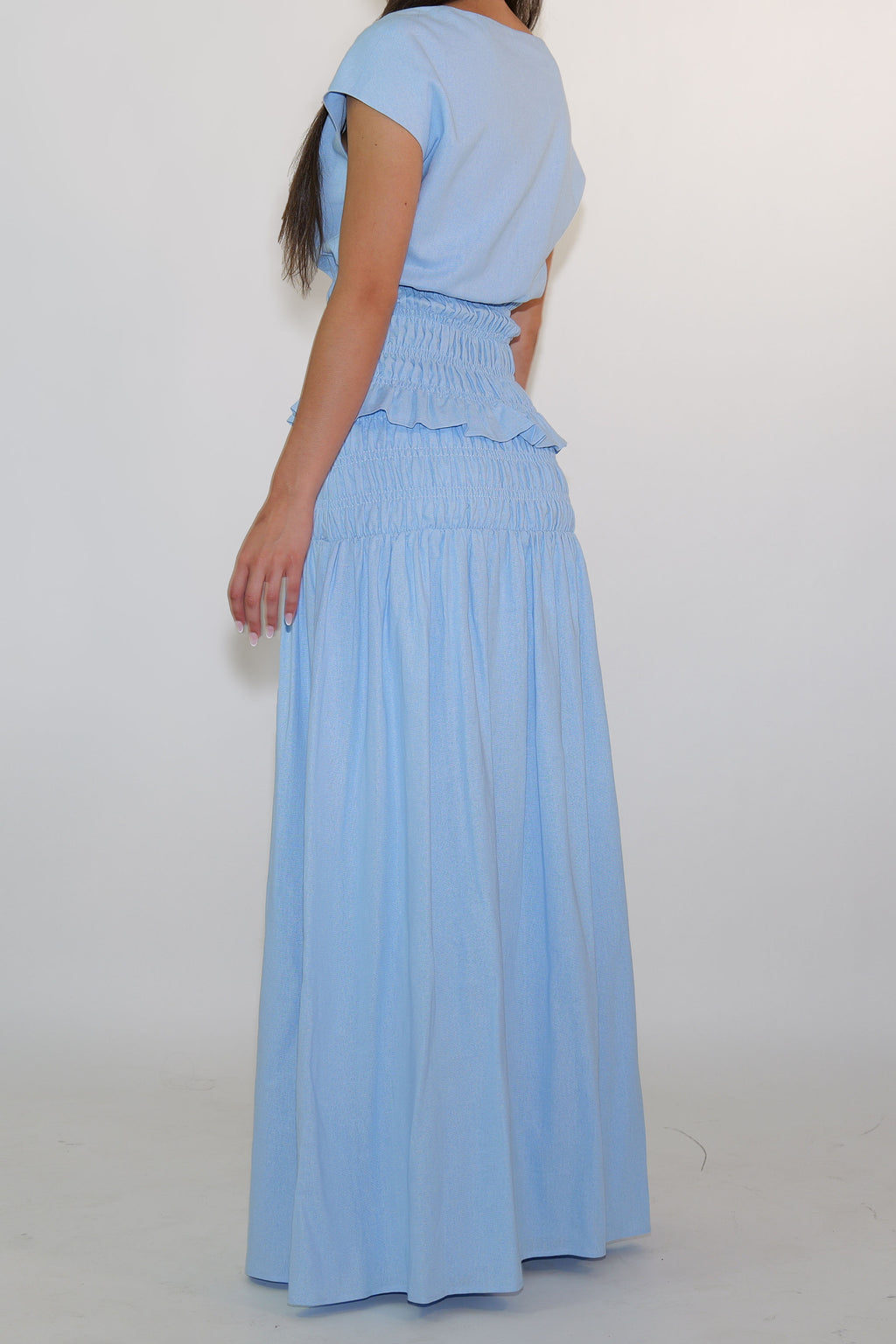 Sky Blue Shirred Maxi Skirt