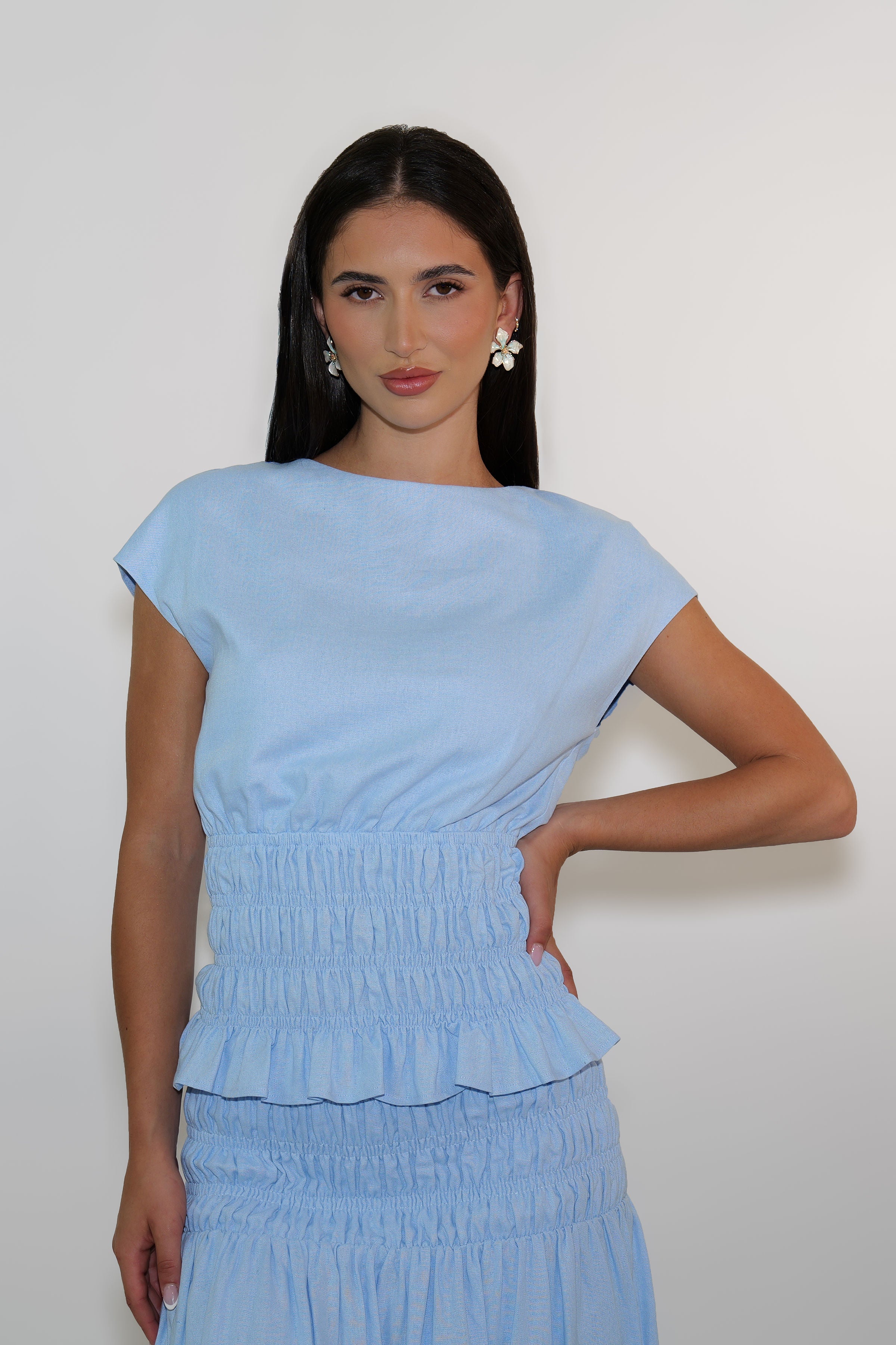 Sky Blue Short Sleeve Shirred Shirt