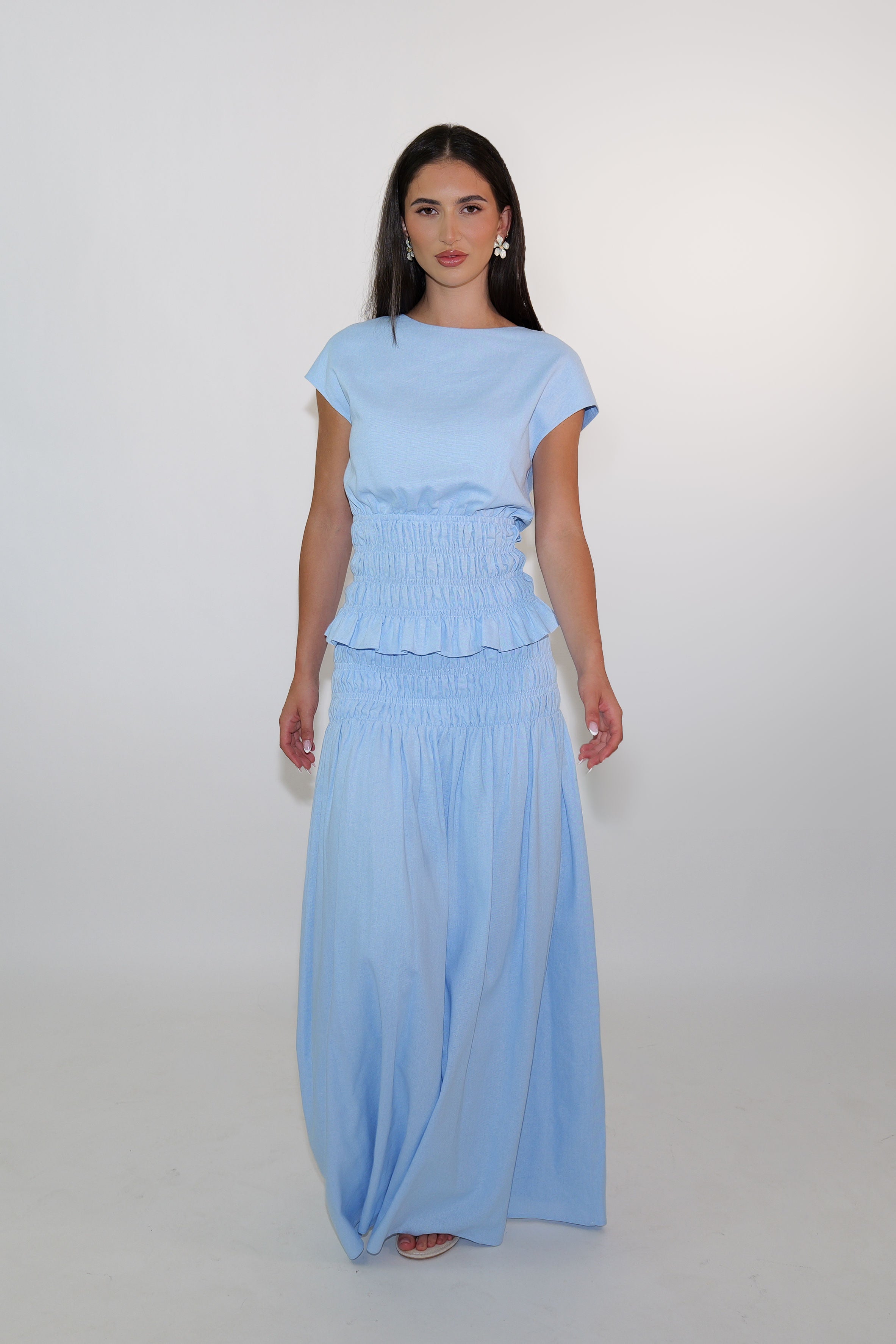 Sky Blue Shirred Maxi Skirt