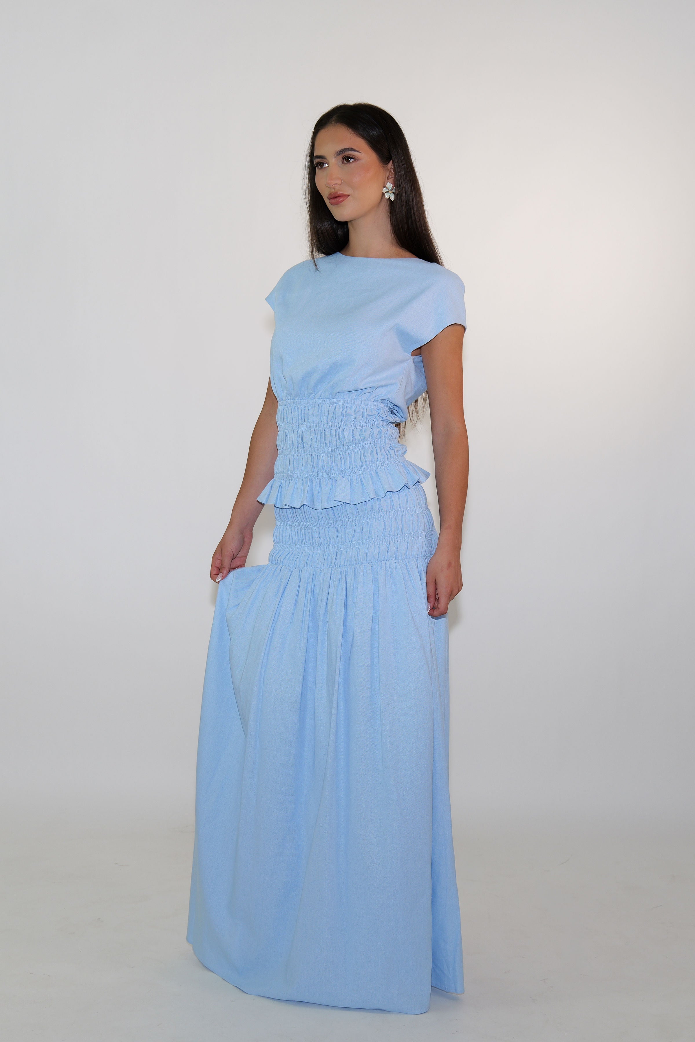 Sky Blue Shirred Maxi Skirt