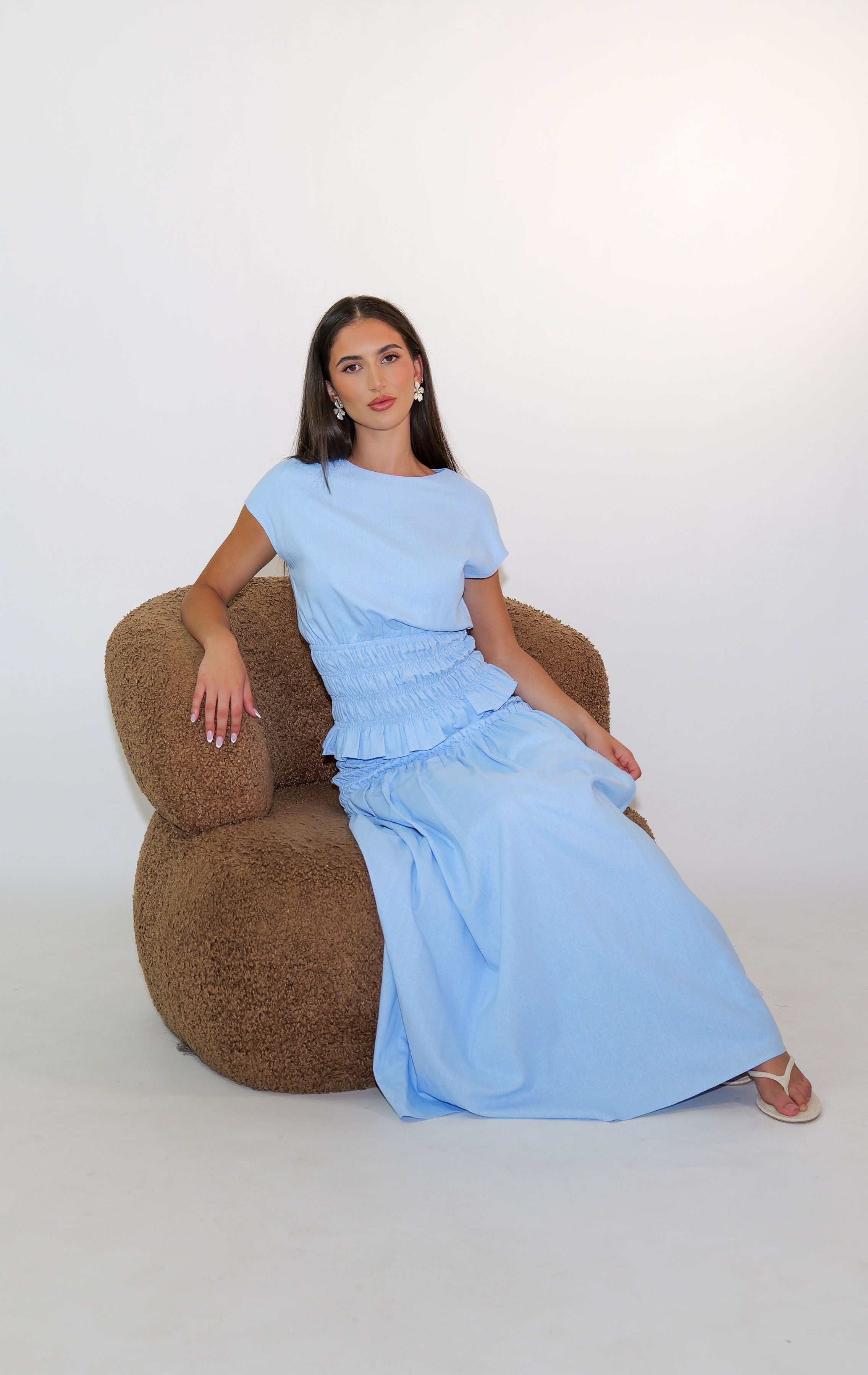 Sky Blue Short Sleeve Shirred Shirt