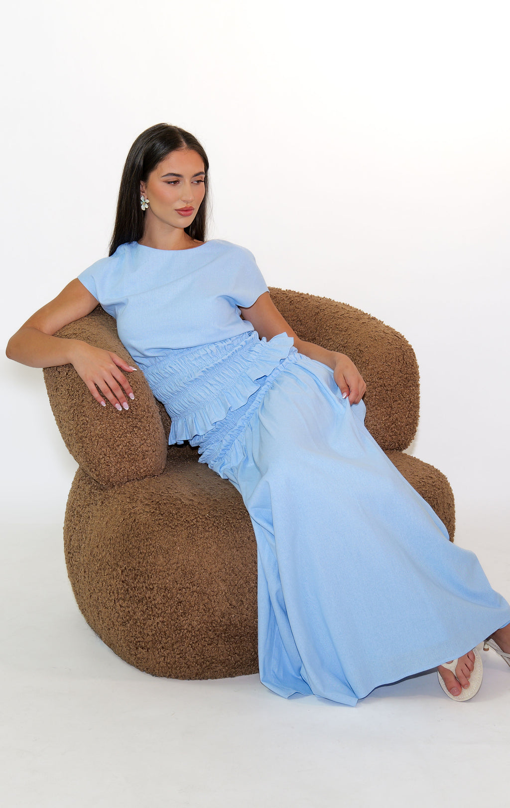 Sky Blue Shirred Maxi Skirt