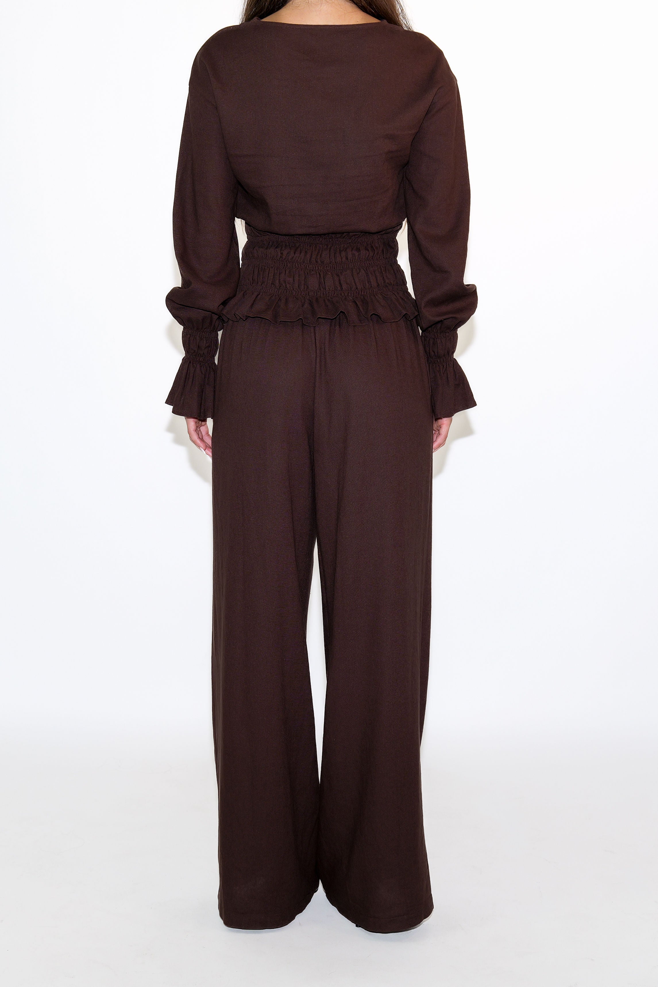 Chocolate Brown Long Sleeve Shirred Shirt