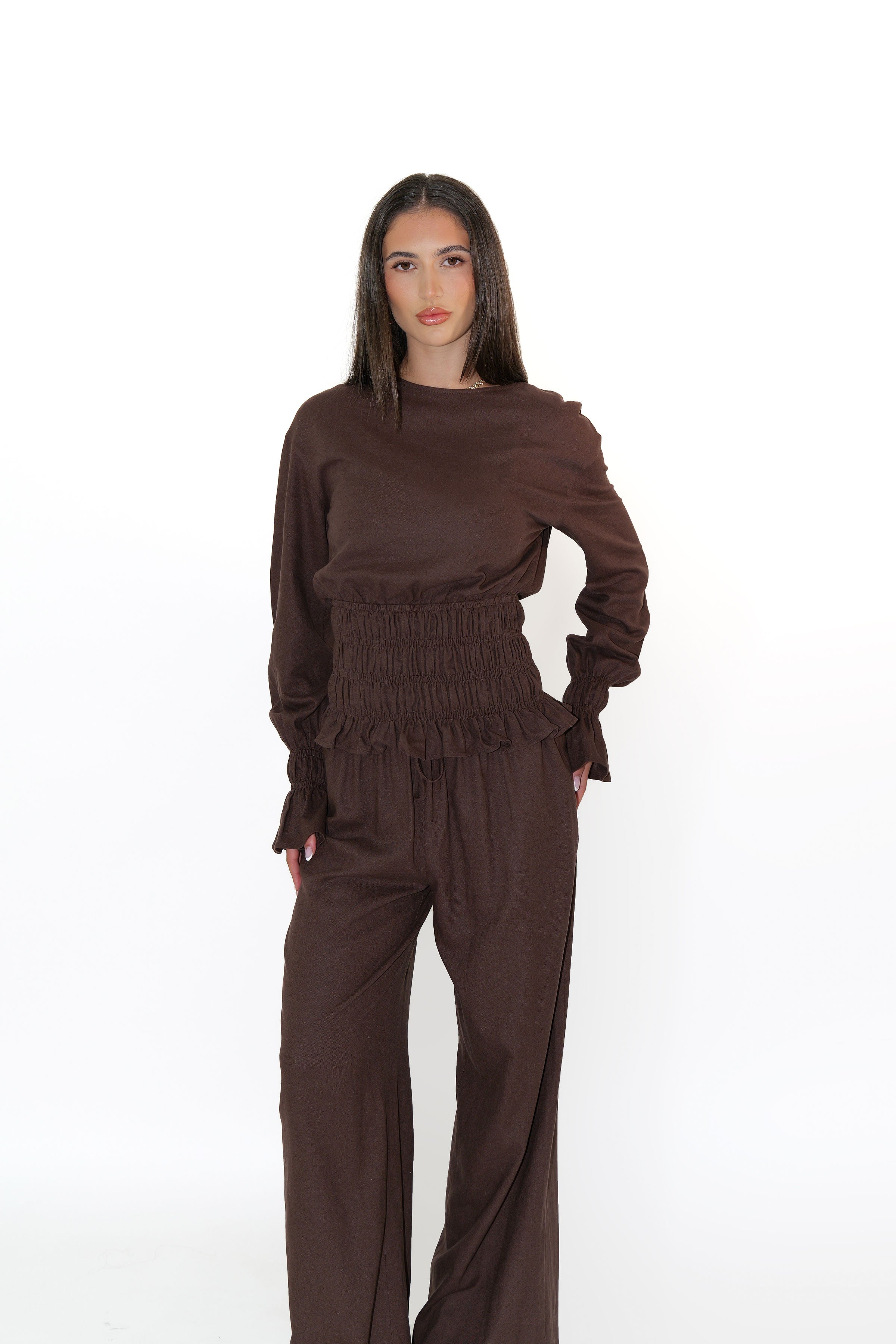 Chocolate Brown Long Sleeve Shirred Shirt