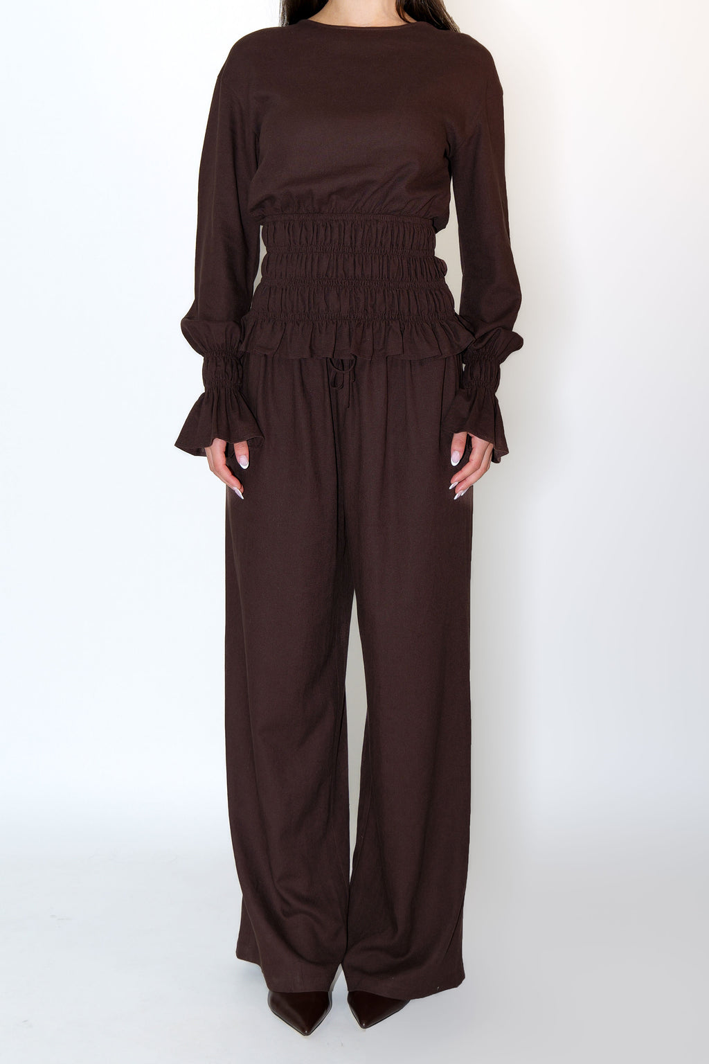 Chocolate Brown Long Sleeve Shirred Shirt