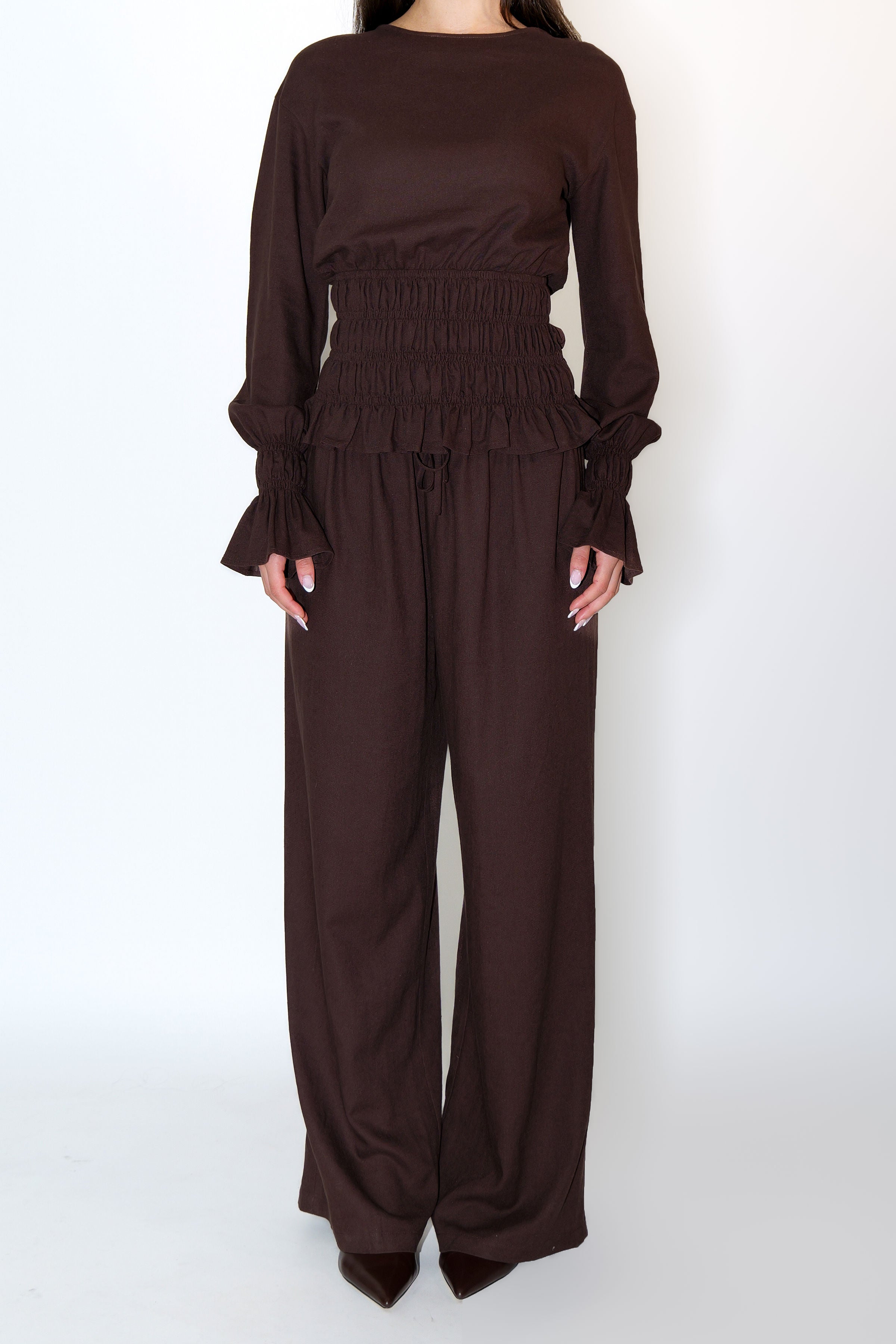 Chocolate Brown Long Sleeve Shirred Shirt