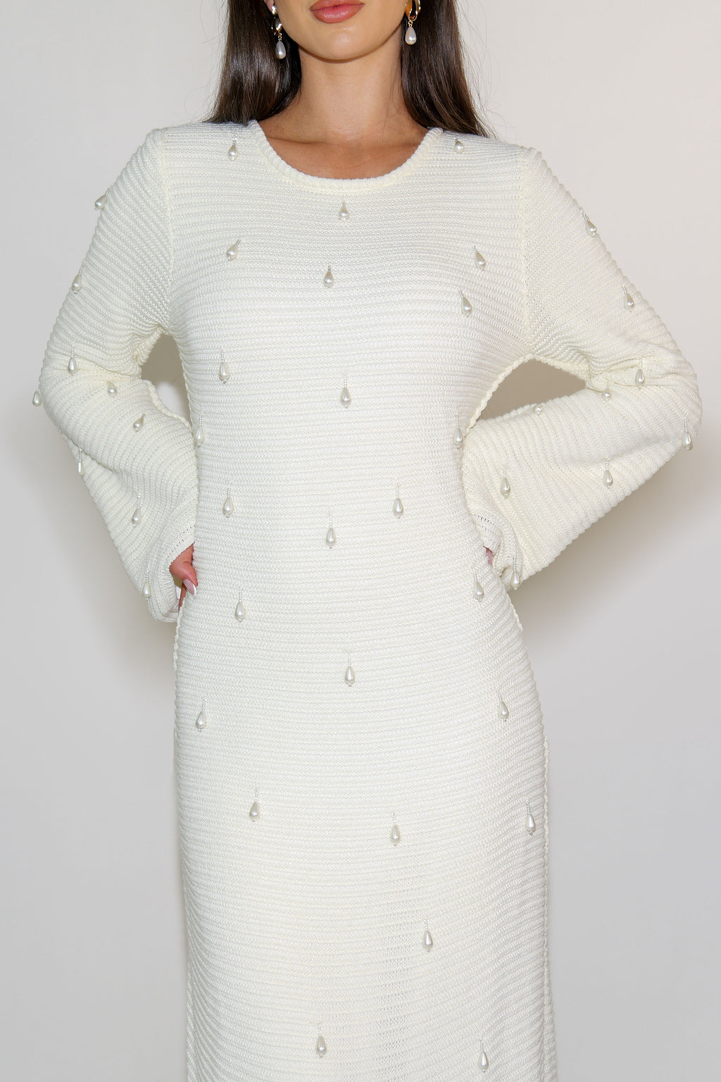 Hand Beaded Pearl Knit Maxi Dress