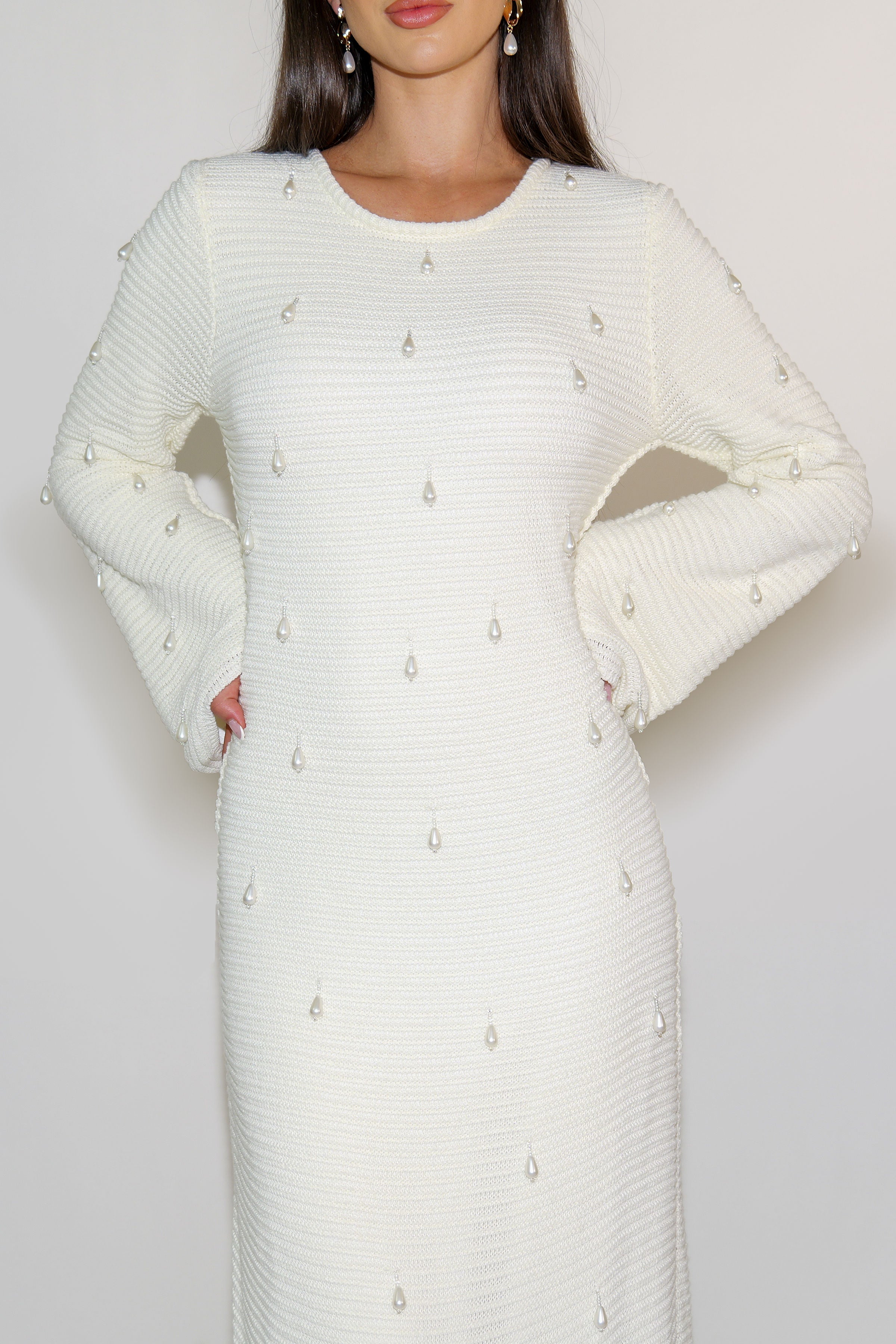 Hand Beaded Pearl Knit Maxi Dress