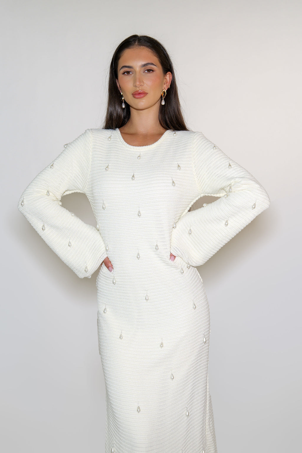 Hand Beaded Pearl Knit Maxi Dress