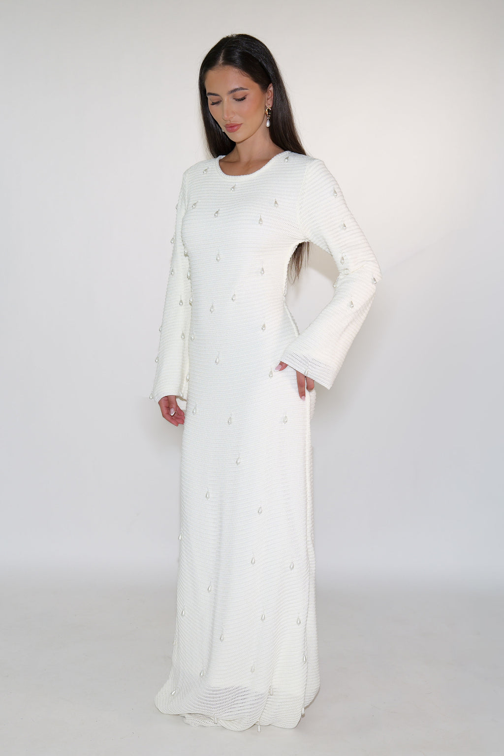 Hand Beaded Pearl Knit Maxi Dress