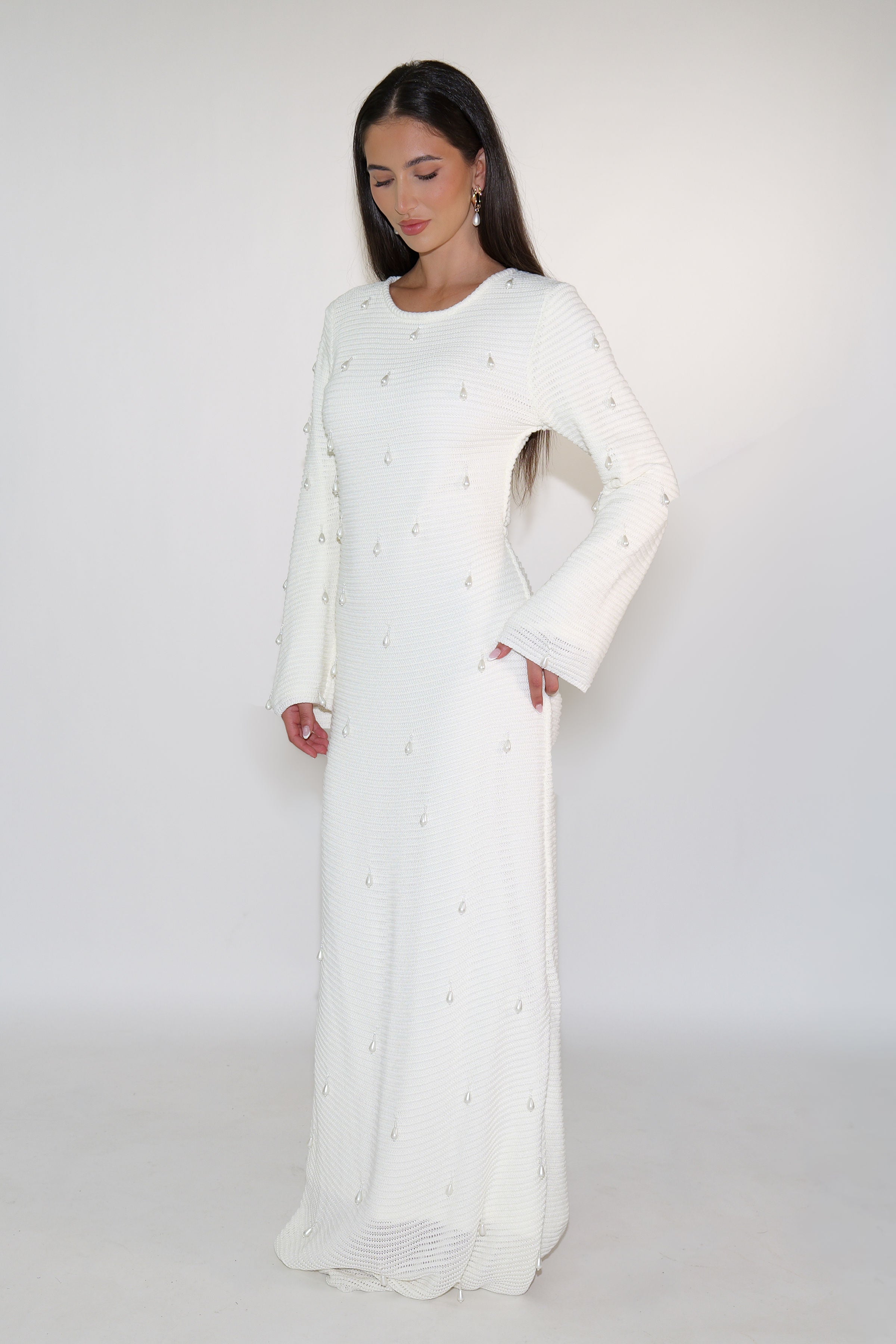 Hand Beaded Pearl Knit Maxi Dress