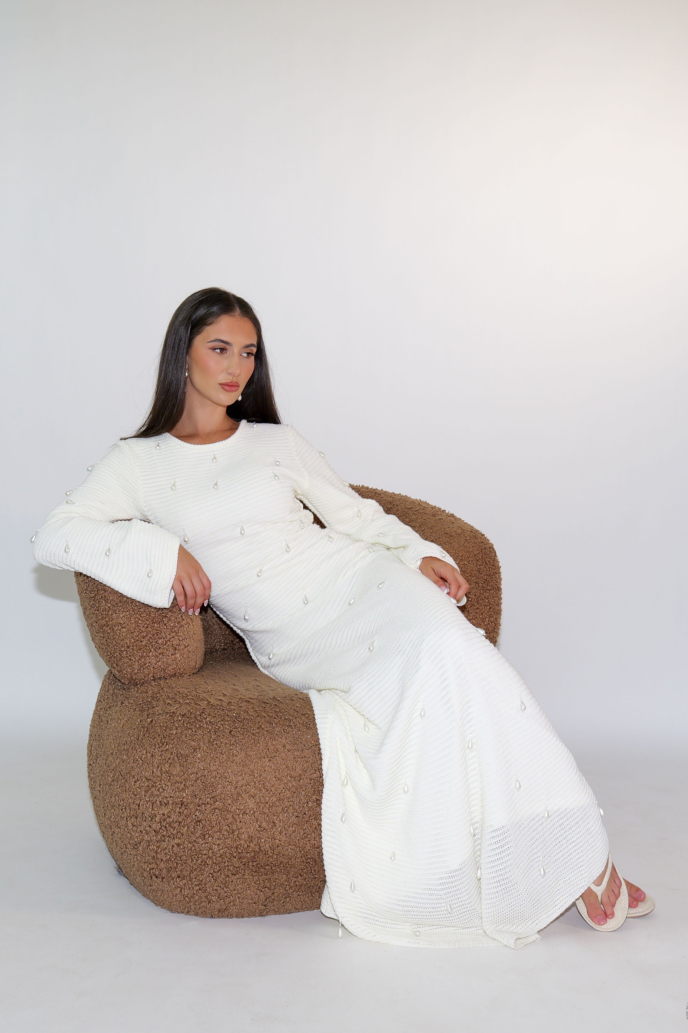 Hand Beaded Pearl Knit Maxi Dress