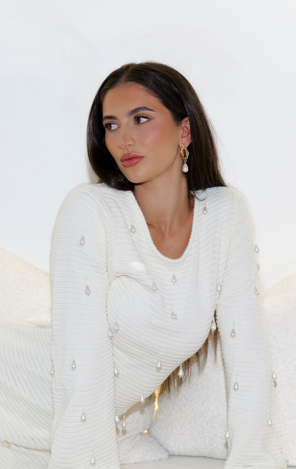 Hand Beaded Pearl Knit Maxi Dress